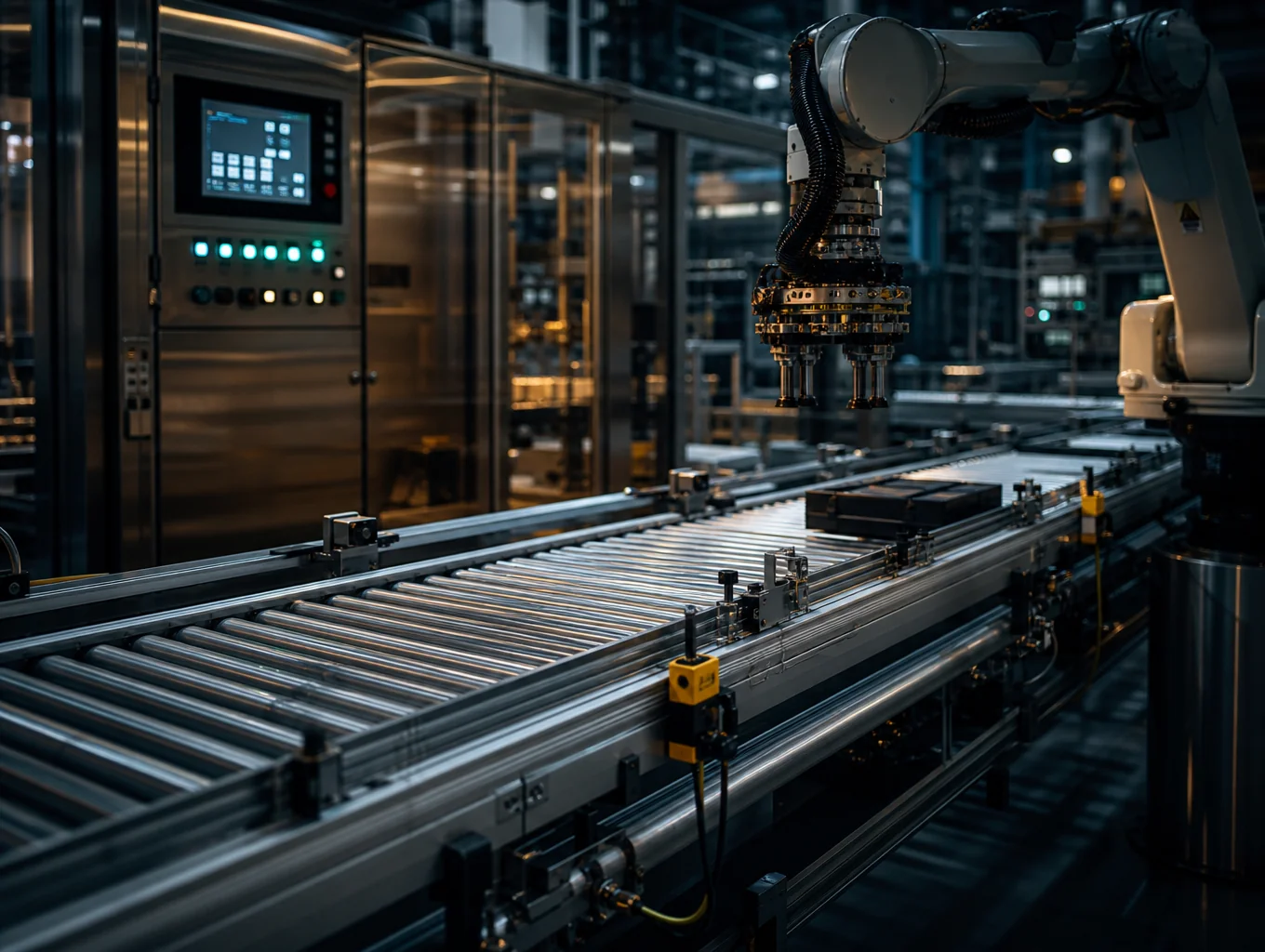 Industrial conveyor belt system moving packaged goods