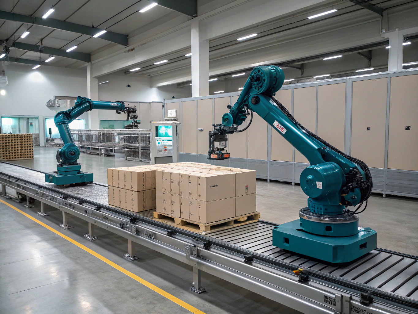 Wide shot of a fully integrated automated packaging factory floor