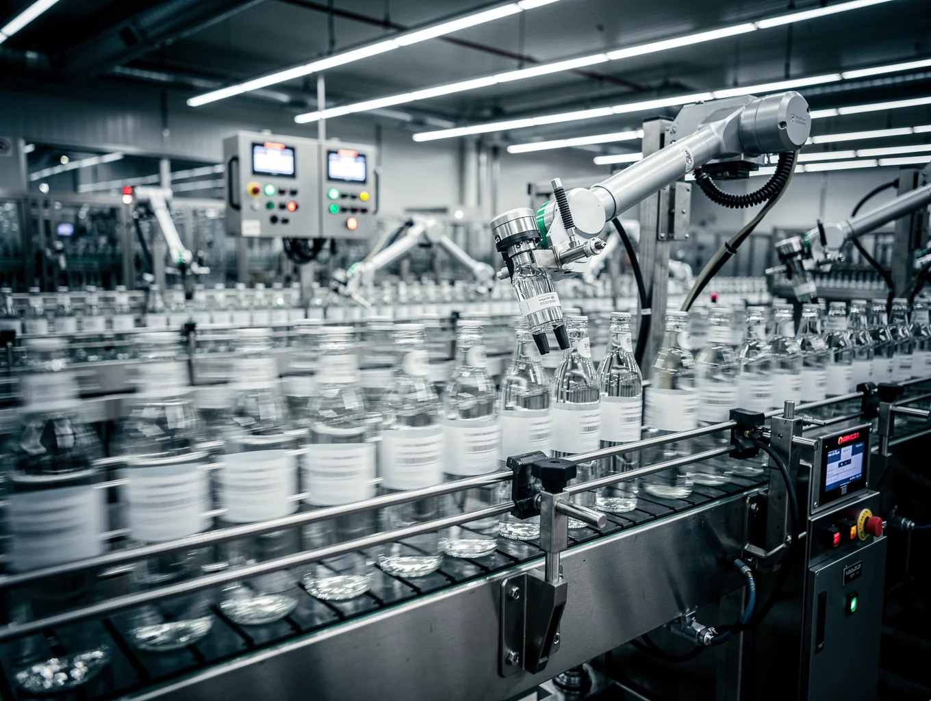 Automated labeling unit applying labels to beverage bottles