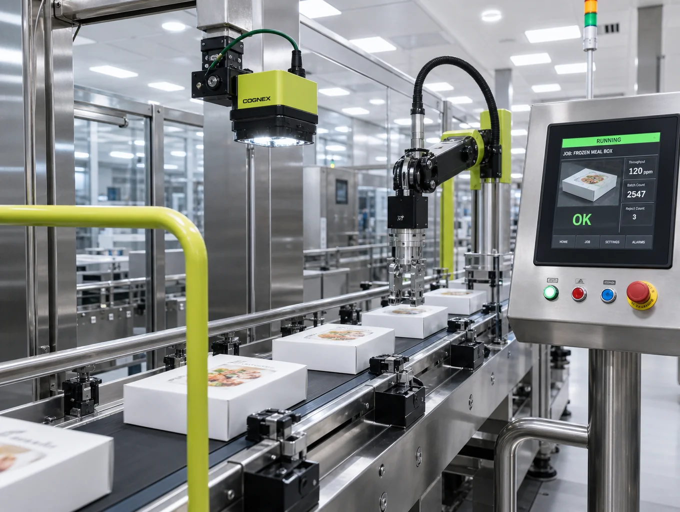 Automated packaging machinery operating on a high-speed production line